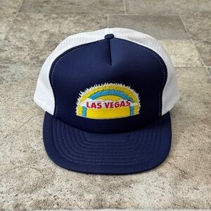 Vintage 1980s Las Vegas Trucker Hat – Blue & White Mesh Snapback